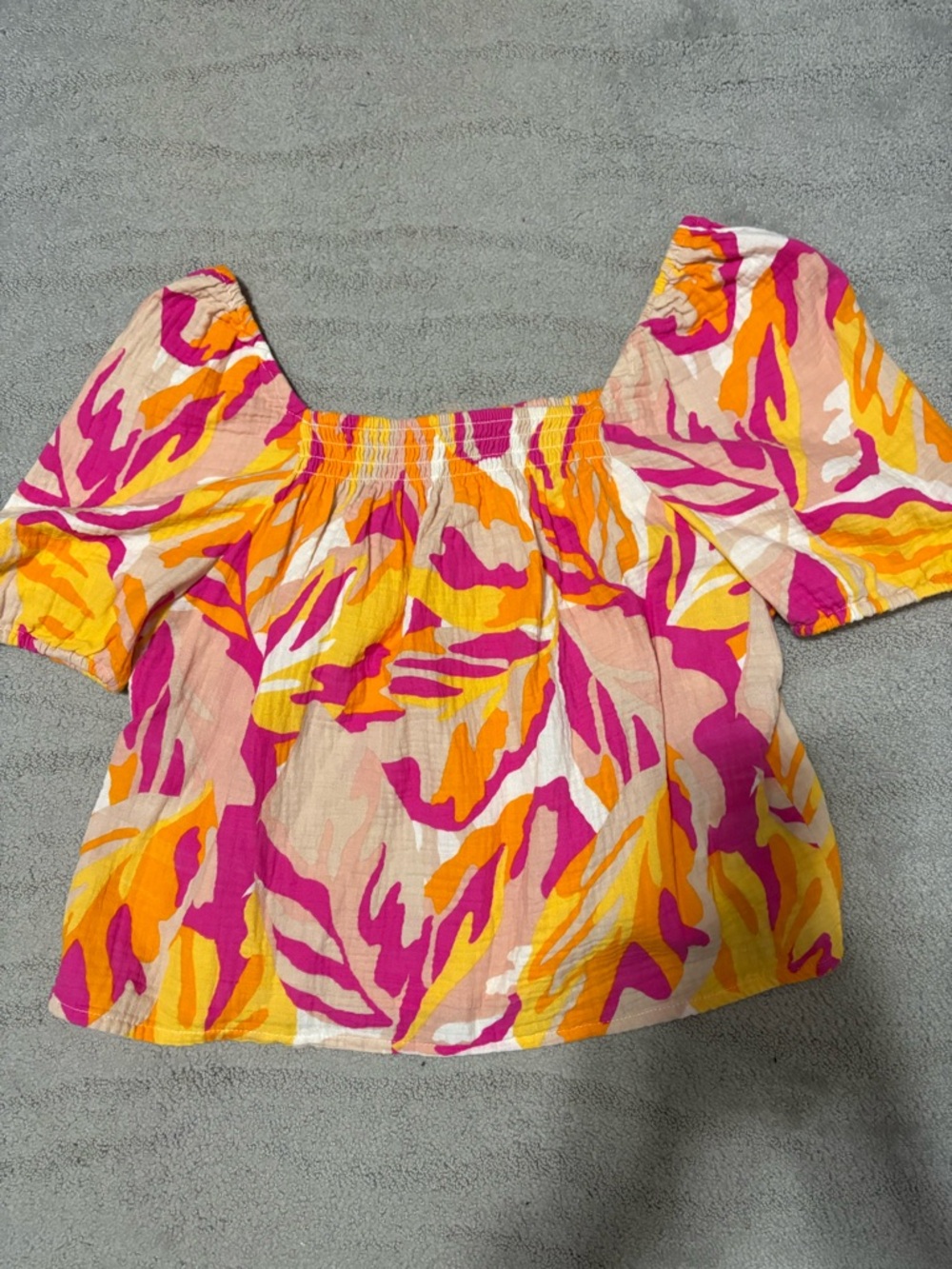 Gauze Flutter Sleeve Smocked Square-Neck Top - Pink & Yellow
